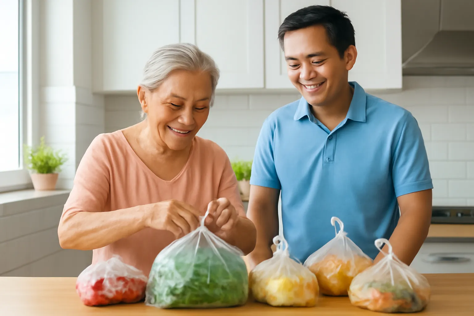 Bà mẹ già cặm cụi buộc túi đồ ăn để gửi cho người con trai đã trung niên