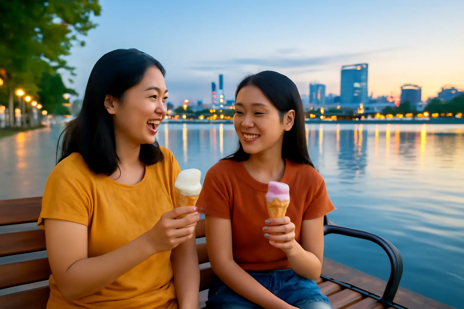 Người mẹ và cô con gái tuổi mới lớn ngồi ăn kem bên ven hồ buổi tối