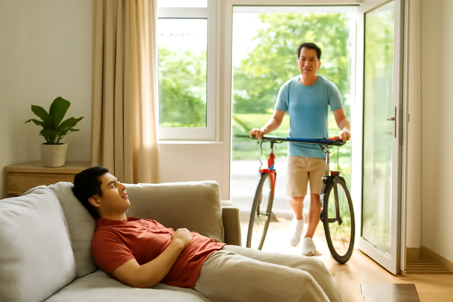 Chàng trai nằm trên sofa, người bạn đứng ở cửa với hai chiếc xe đạp