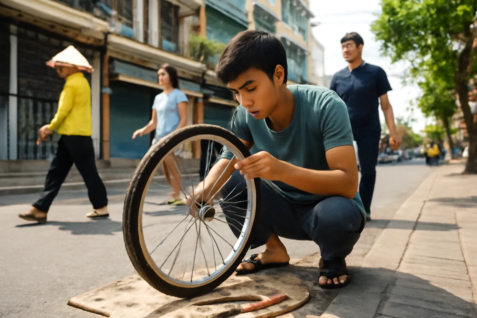 Chàng trai trẻ ngồi vỉa hè sửa bánh xe đạp, dụng cụ bày bên cạnh