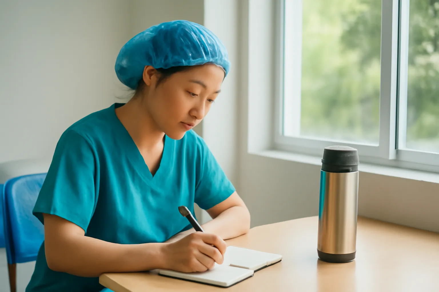 Cô y tá ngồi trong phòng nghỉ ghi chép vào cuốn sổ nhỏ