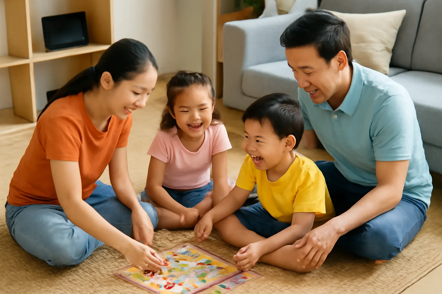 Gia đình chơi cờ cá ngựa trên chiếu ở phòng khách, máy tính bảng để trên kệ cao