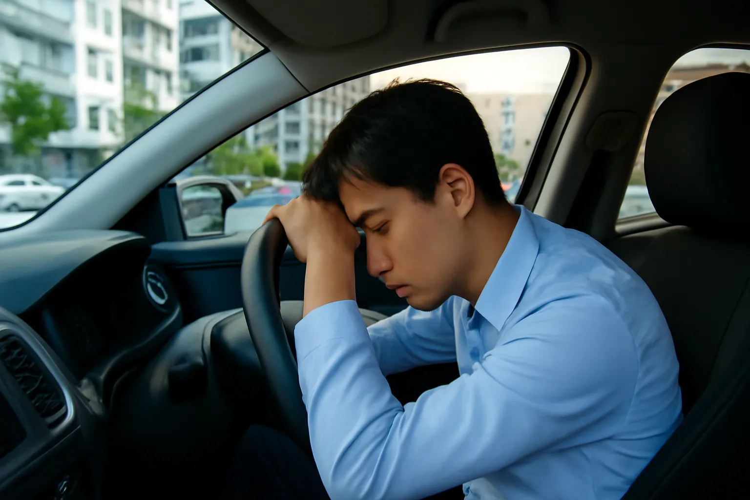 Người đàn ông ngồi gục đầu trong xe hơi đậu ở bãi xe chung cư lúc chiều tối
