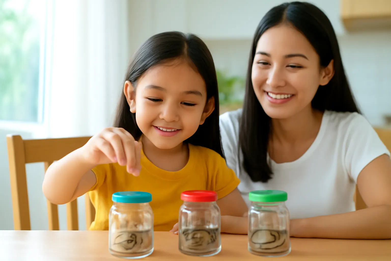 Cô bé bỏ tiền vào ba chiếc hũ thuỷ tinh có nắp màu khác nhau trên bàn