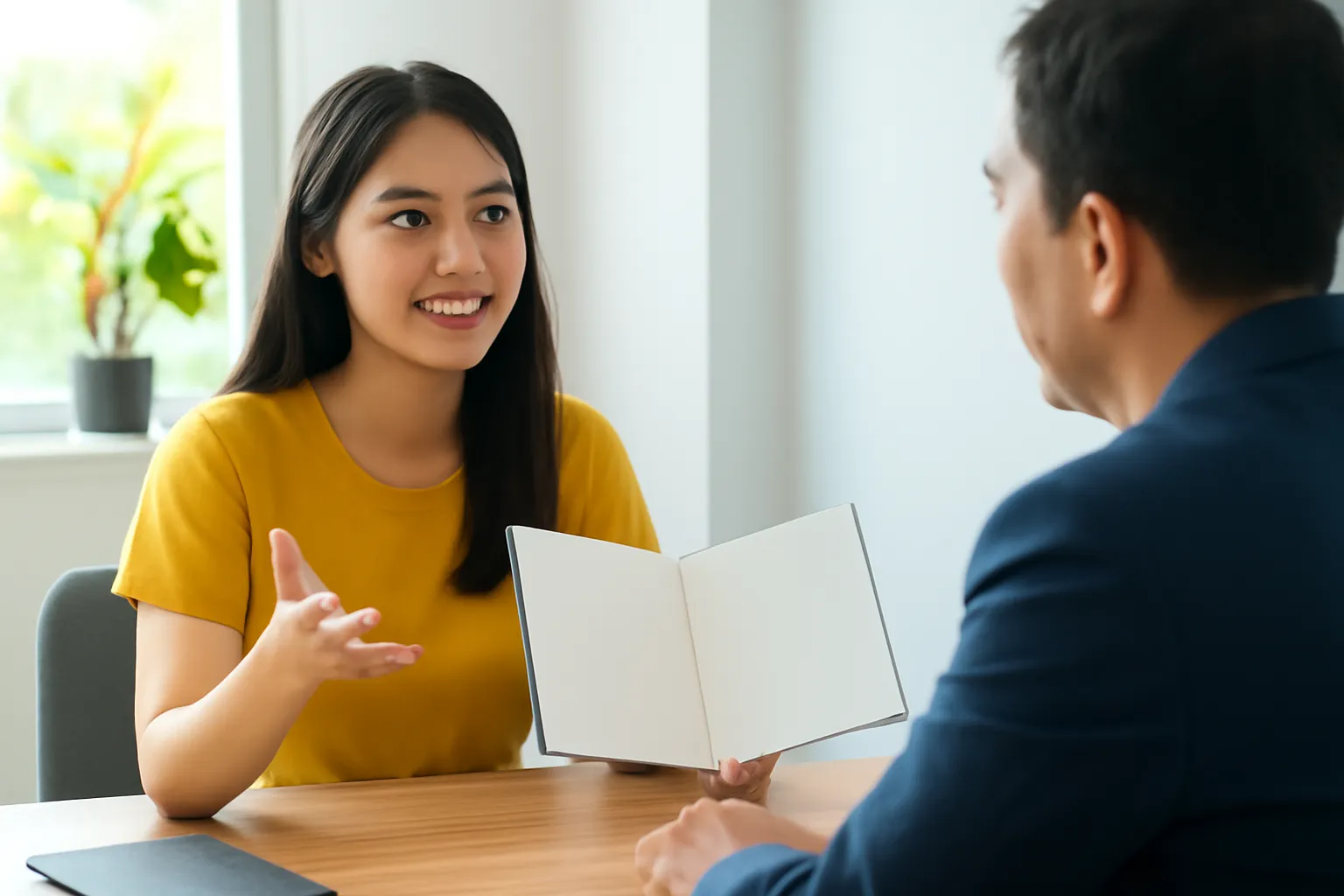 Người phụ nữ trẻ ngồi đối diện quản lý trong phòng họp sáng sủa, tự tin trình bày
