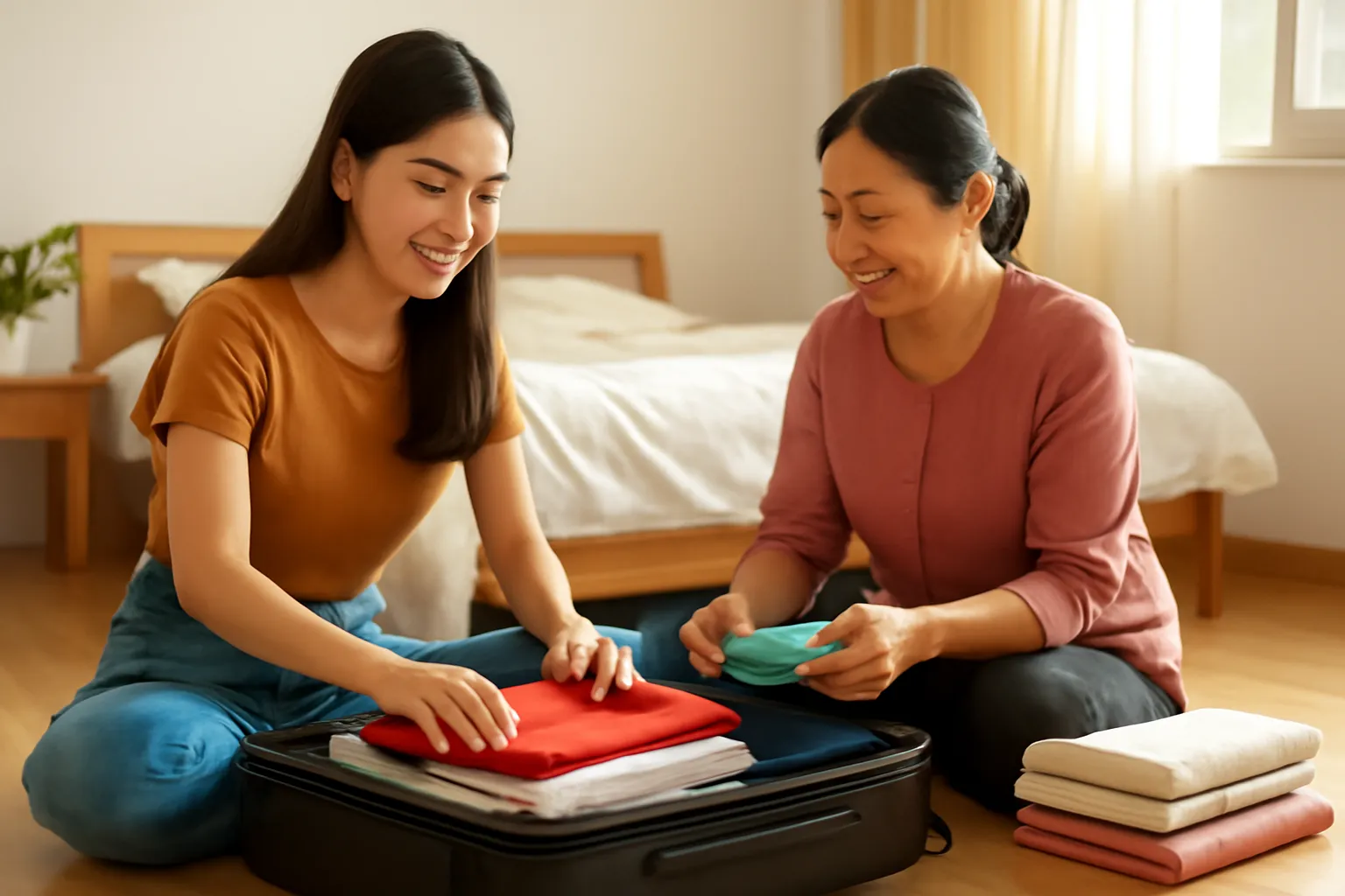 Cô gái trẻ xếp đồ vào vali, người mẹ ngồi gấp quần áo bên cạnh