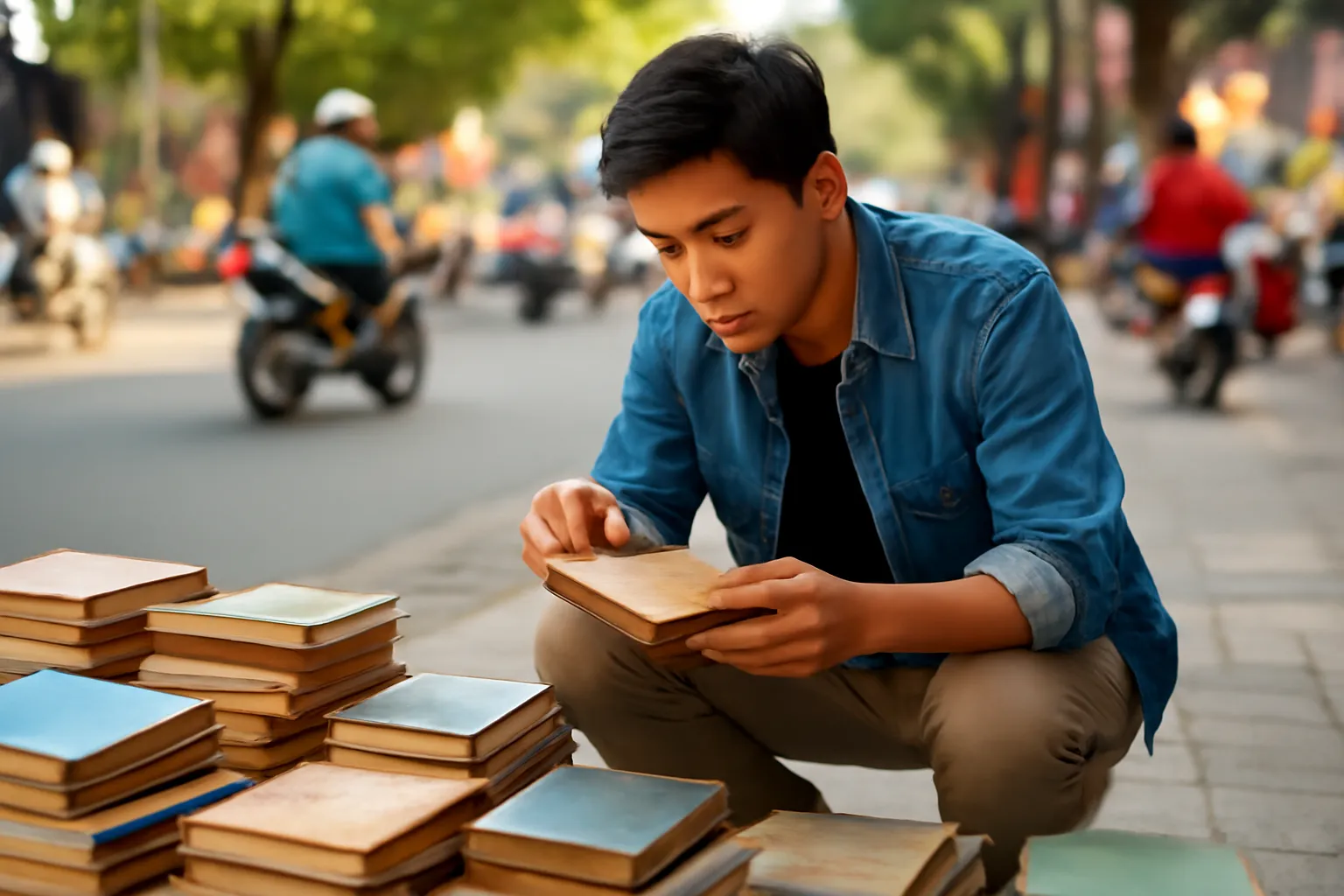 Chàng sinh viên ngồi xổm lục sách ở sạp sách cũ trên vỉa hè