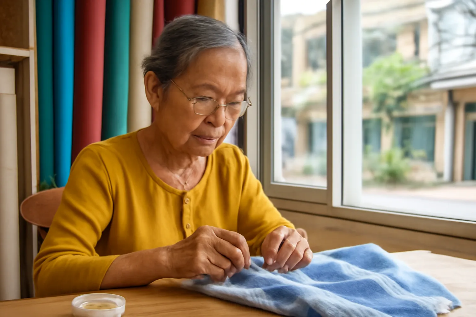 Bà thợ may lớn tuổi ngồi may bên chiếc bàn gần cửa sổ trong tiệm nhỏ