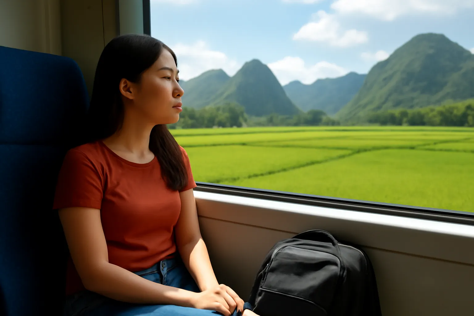Cô gái trẻ ngồi bên cửa sổ toa tàu nhìn ra cánh đồng