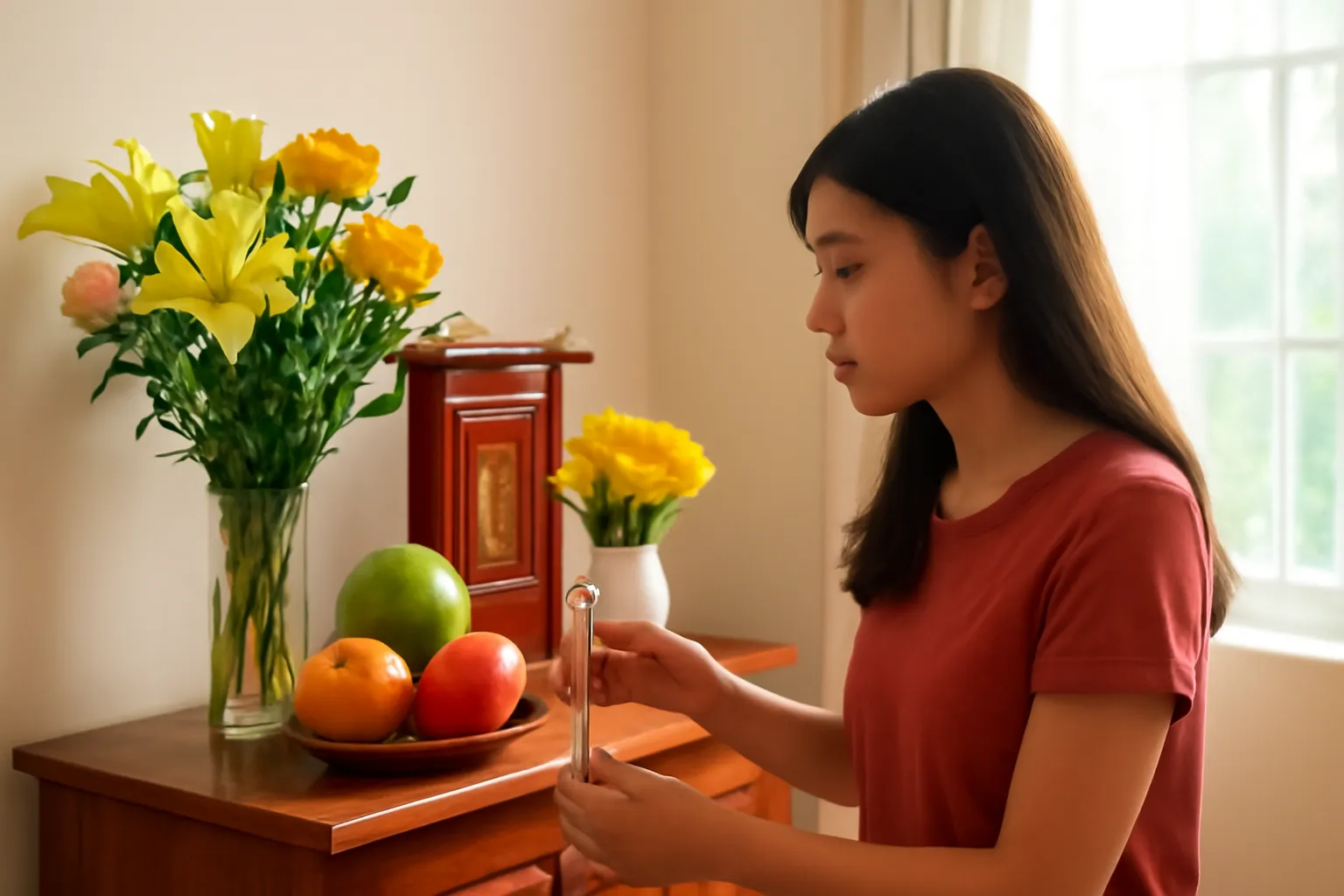 Người con gái thắp nén nhang trước bàn thờ gia đình ấm cúng, ánh nắng sớm chiếu vào