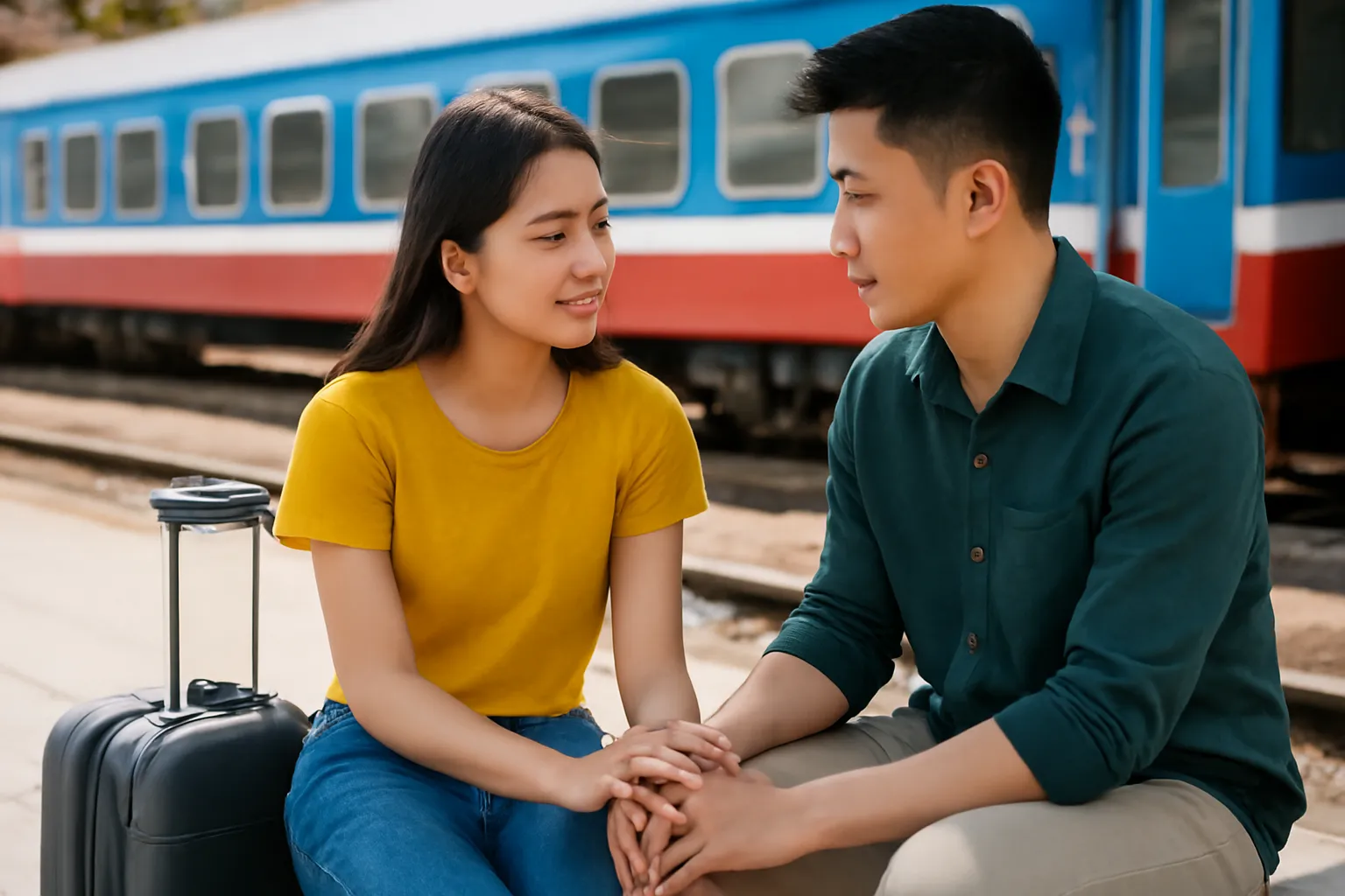 Đôi bạn trẻ ngồi trên băng ghế sân ga, trò chuyện trước giờ tàu chạy