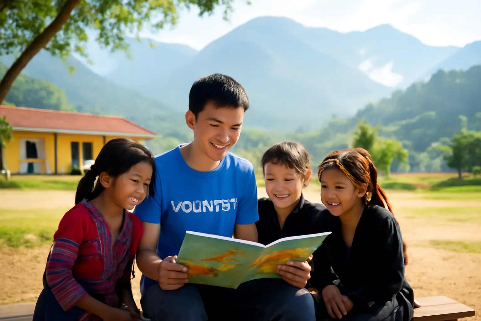 Chàng sinh viên tình nguyện ngồi đọc sách cùng các em nhỏ ở sân trường vùng cao