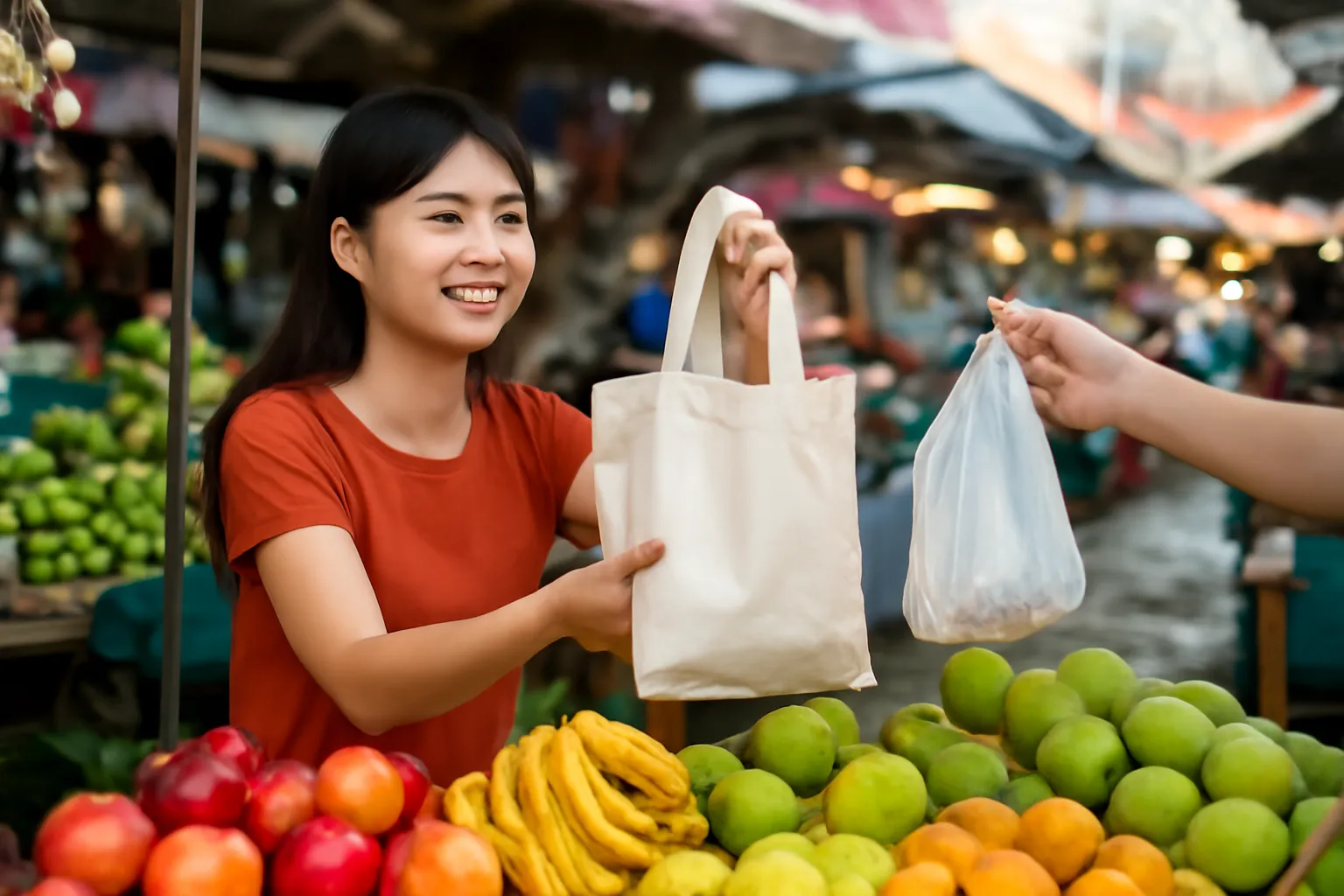 Cô gái từ chối túi ni lông ở sạp chợ, cầm túi vải của mình