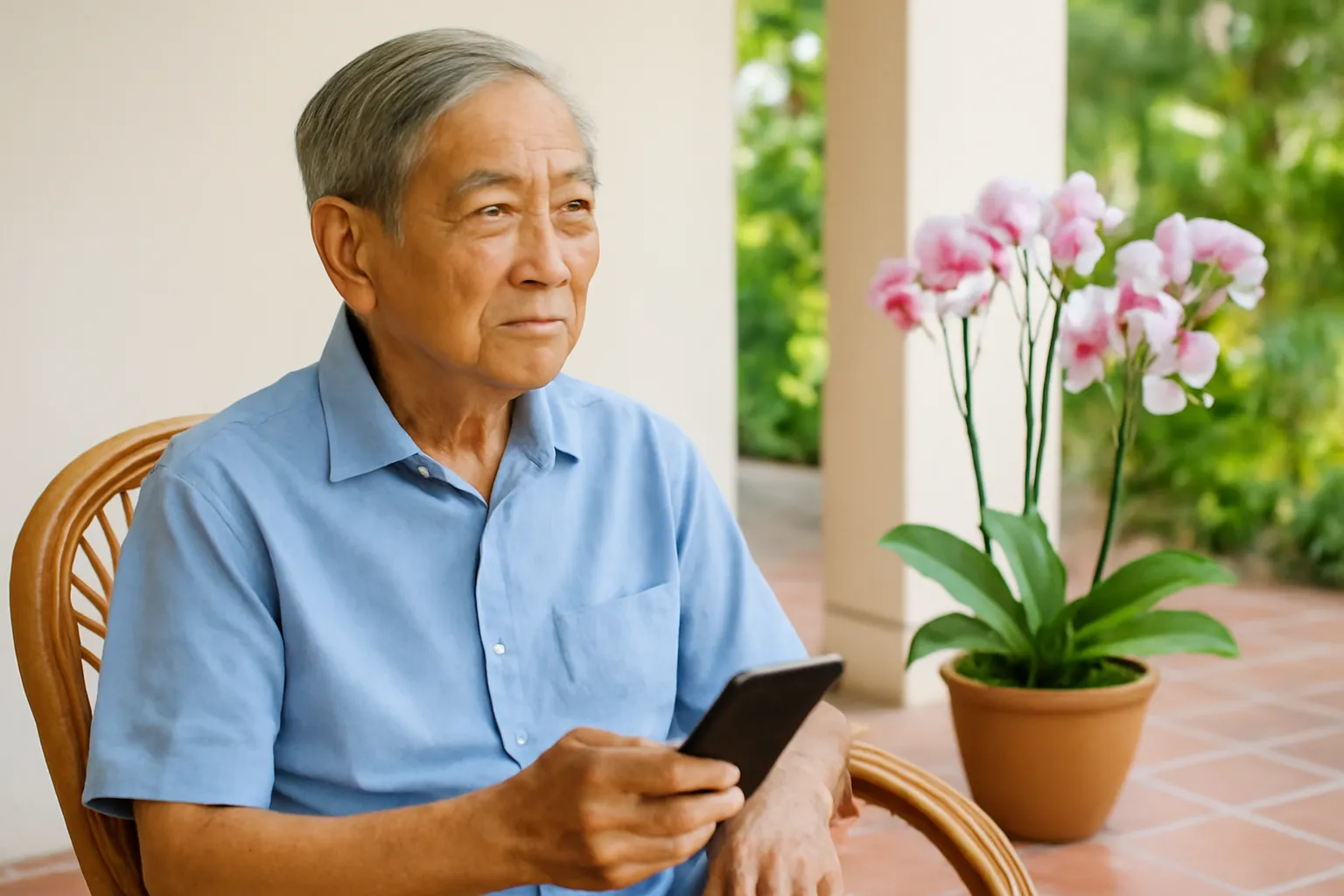 Ông cụ ngồi ghế mây cầm điện thoại màn hình tắt, vẻ đăm chiêu