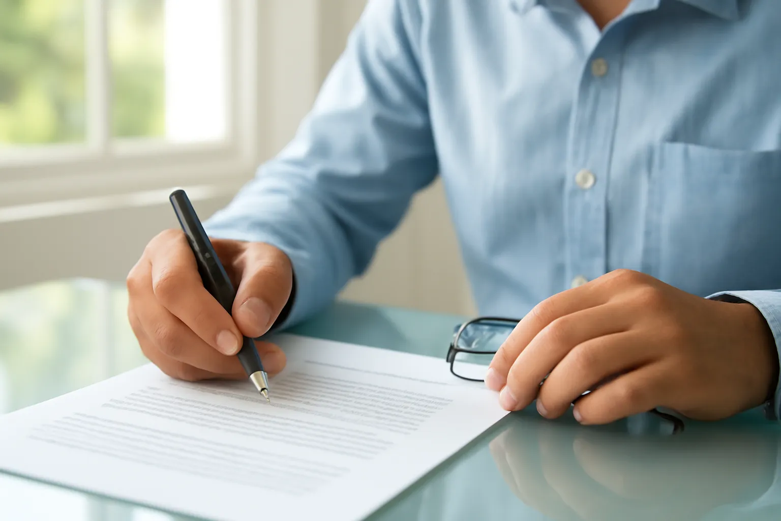 Bàn tay cầm bút dừng lại trên tờ giấy in chữ mờ