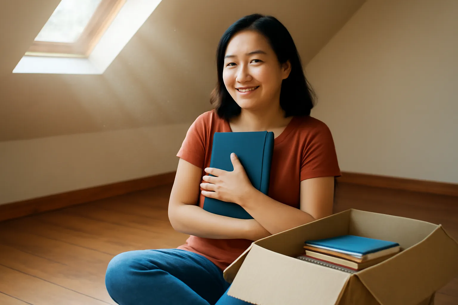 Người phụ nữ ngồi trên sàn gác cạnh thùng các tông đựng những cuốn sổ cũ