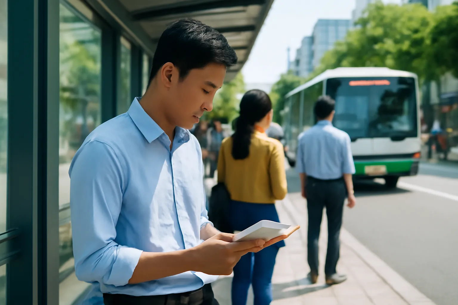 Người đàn ông trẻ ngồi đọc sách trên ghế chờ ở bến xe buýt buổi sáng