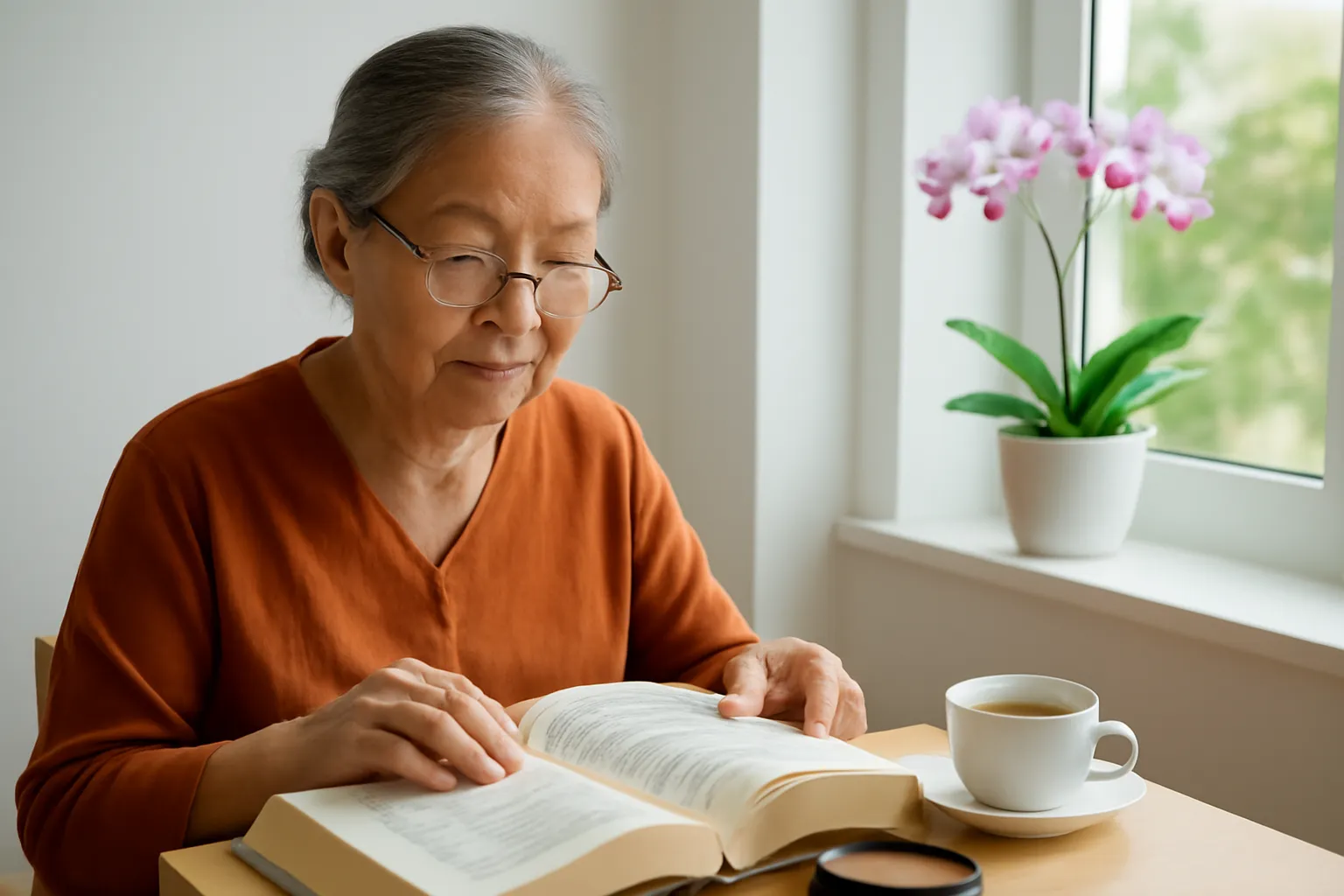 Bà cụ đeo kính đọc cuốn sách chữ to bên cửa sổ