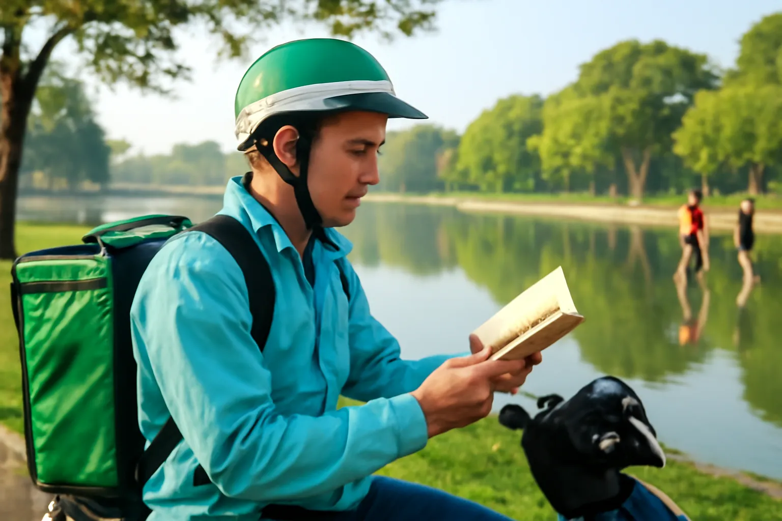 Anh tài xế giao hàng ngồi nghỉ trên xe máy bên hồ đọc cuốn sách nhỏ