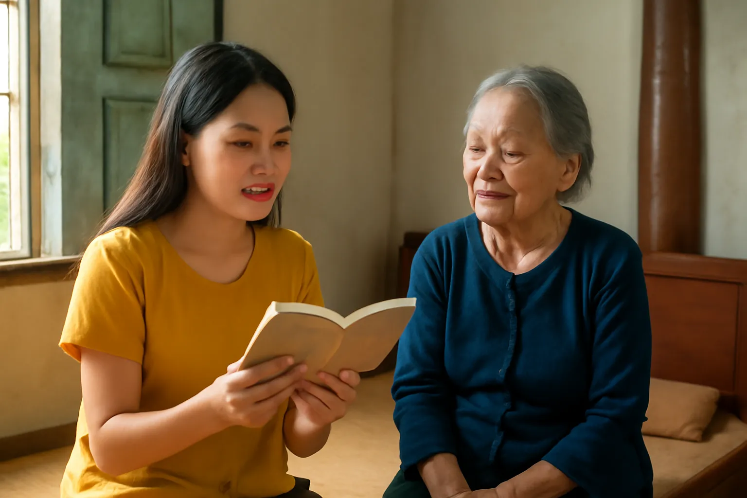 Cô gái trẻ ngồi đọc to cho bà nghe trên chiếc giường gỗ