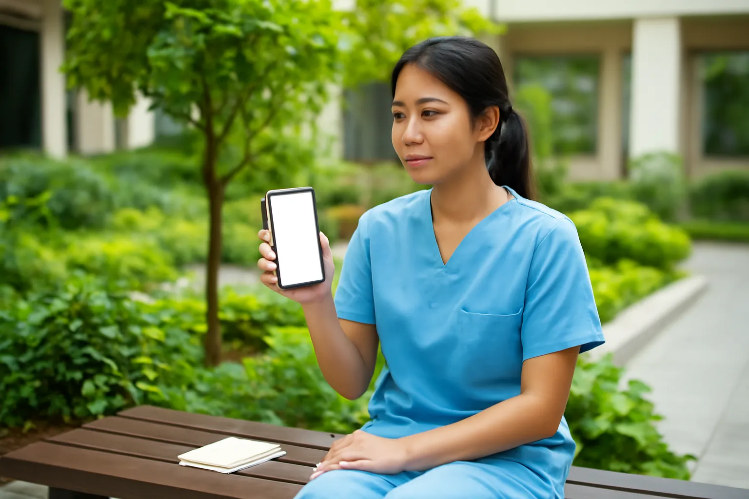Cô y tá ngồi ghế nghỉ cầm điện thoại màn hình tắt, bên cạnh cuốn sách mỏng
