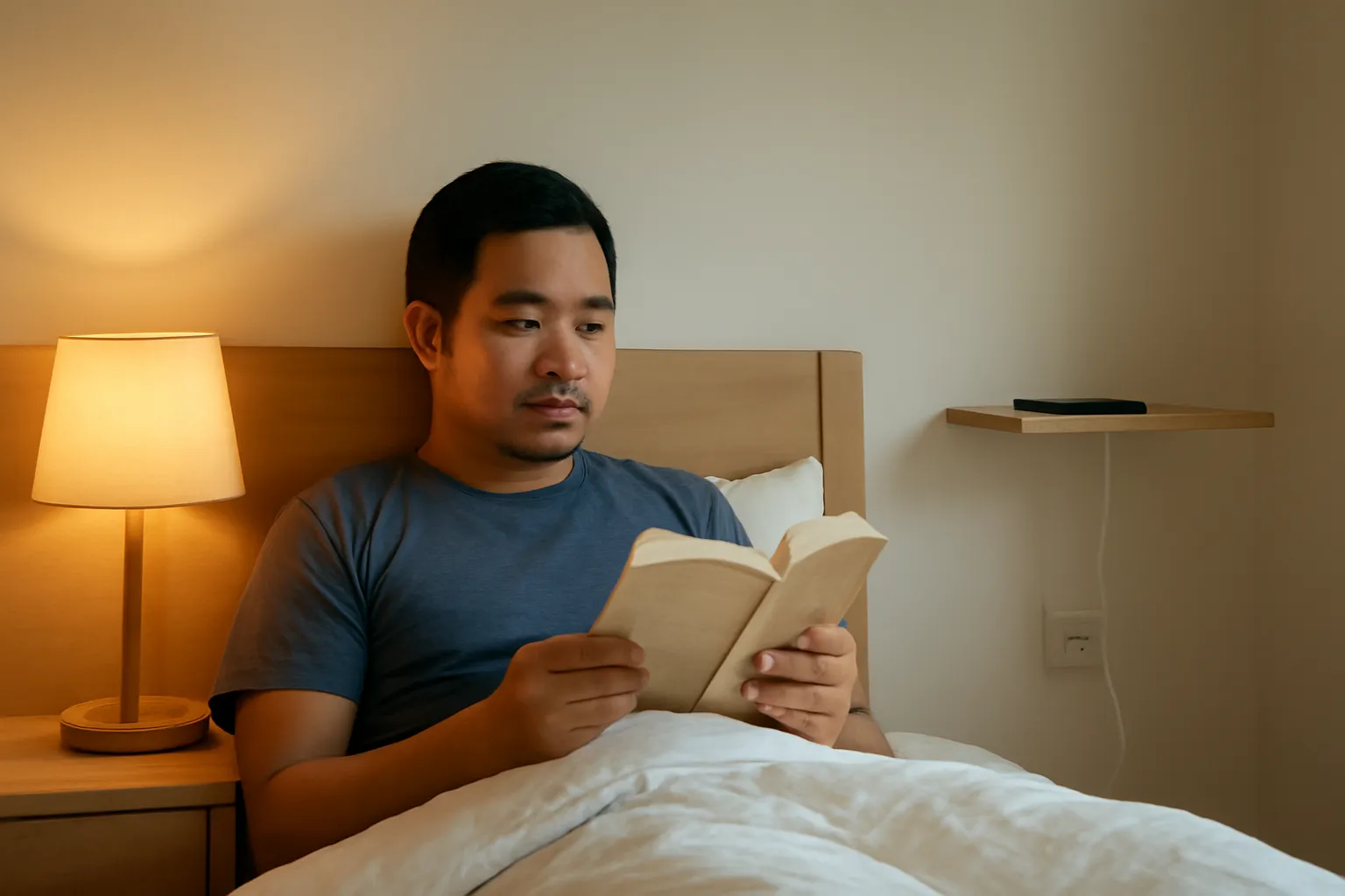 Người đàn ông nằm đọc sách dưới đèn ngủ vàng, điện thoại sạc ở góc phòng xa