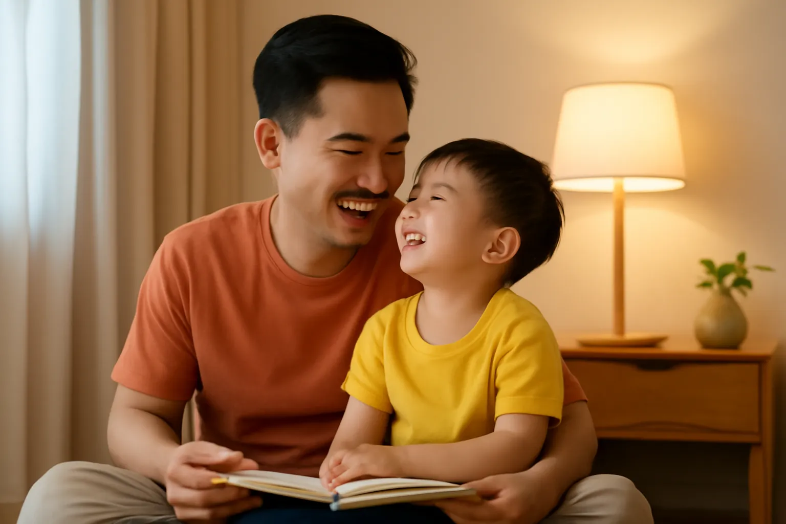 Người bố ngồi trên nệm sàn cạnh con nhỏ, cuốn truyện tranh gấp lại