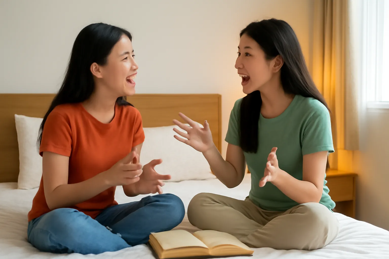 Hai chị em ngồi trên giường trò chuyện, cuốn sách gấp lại đặt giữa