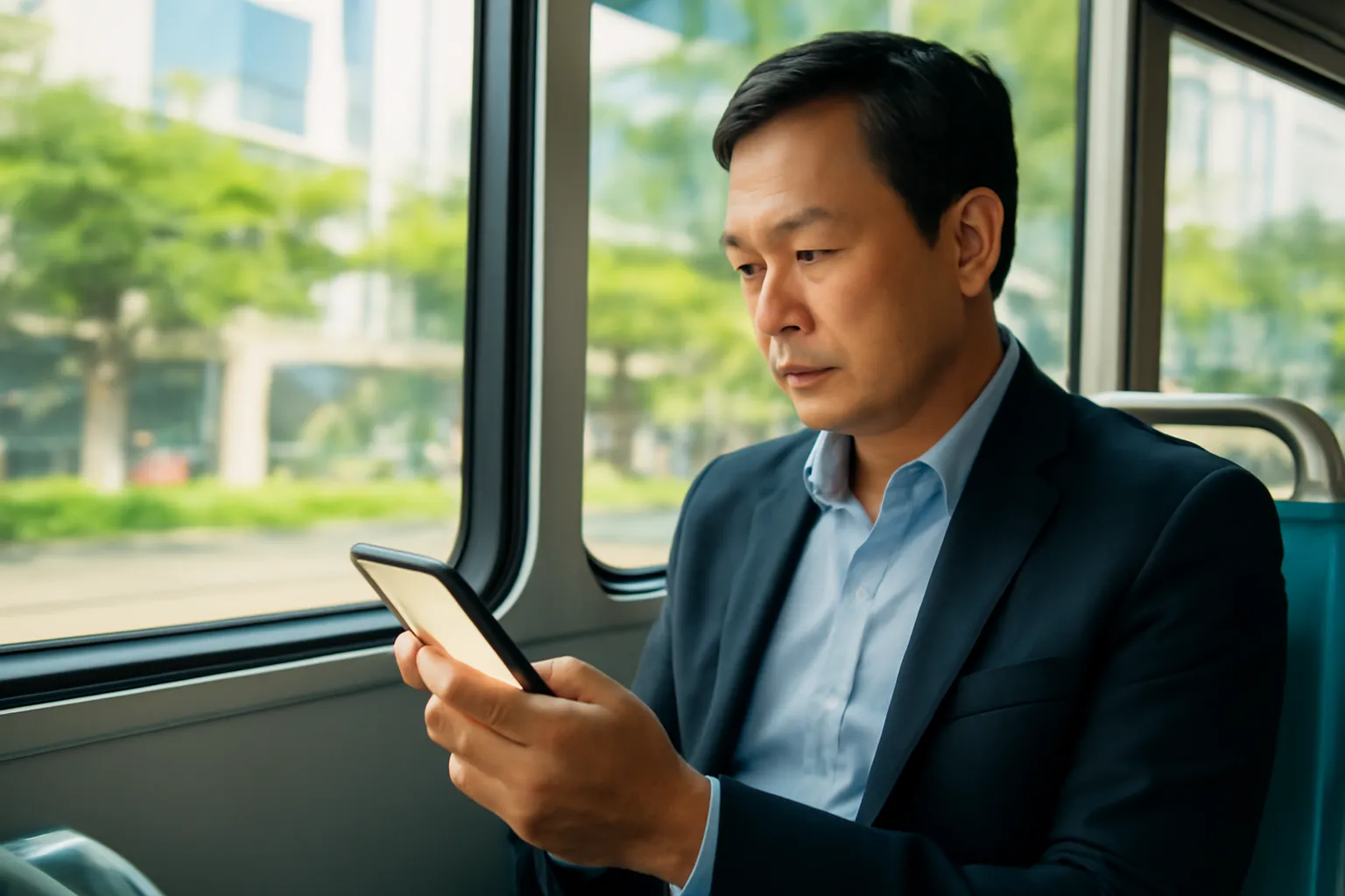Người đàn ông ngồi trên xe buýt xem lại danh bạ trên điện thoại