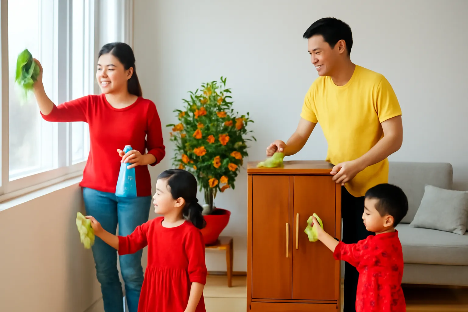 Gia đình cùng lau cửa kính đón Tết
