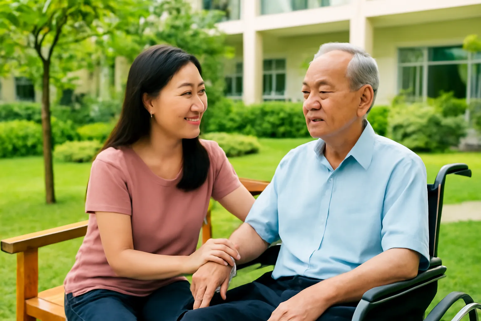 Người con gái ngồi trò chuyện với bố già trong khu vườn sáng sủa của viện dưỡng lão