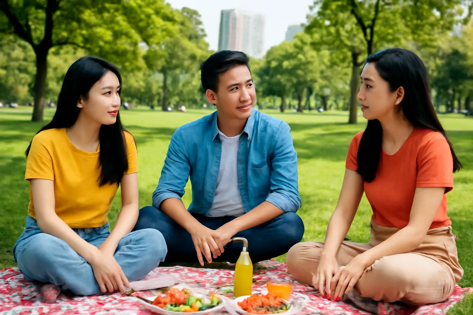 Ba người bạn ngồi dã ngoại trên bãi cỏ, người ở giữa nhìn sang hai bên
