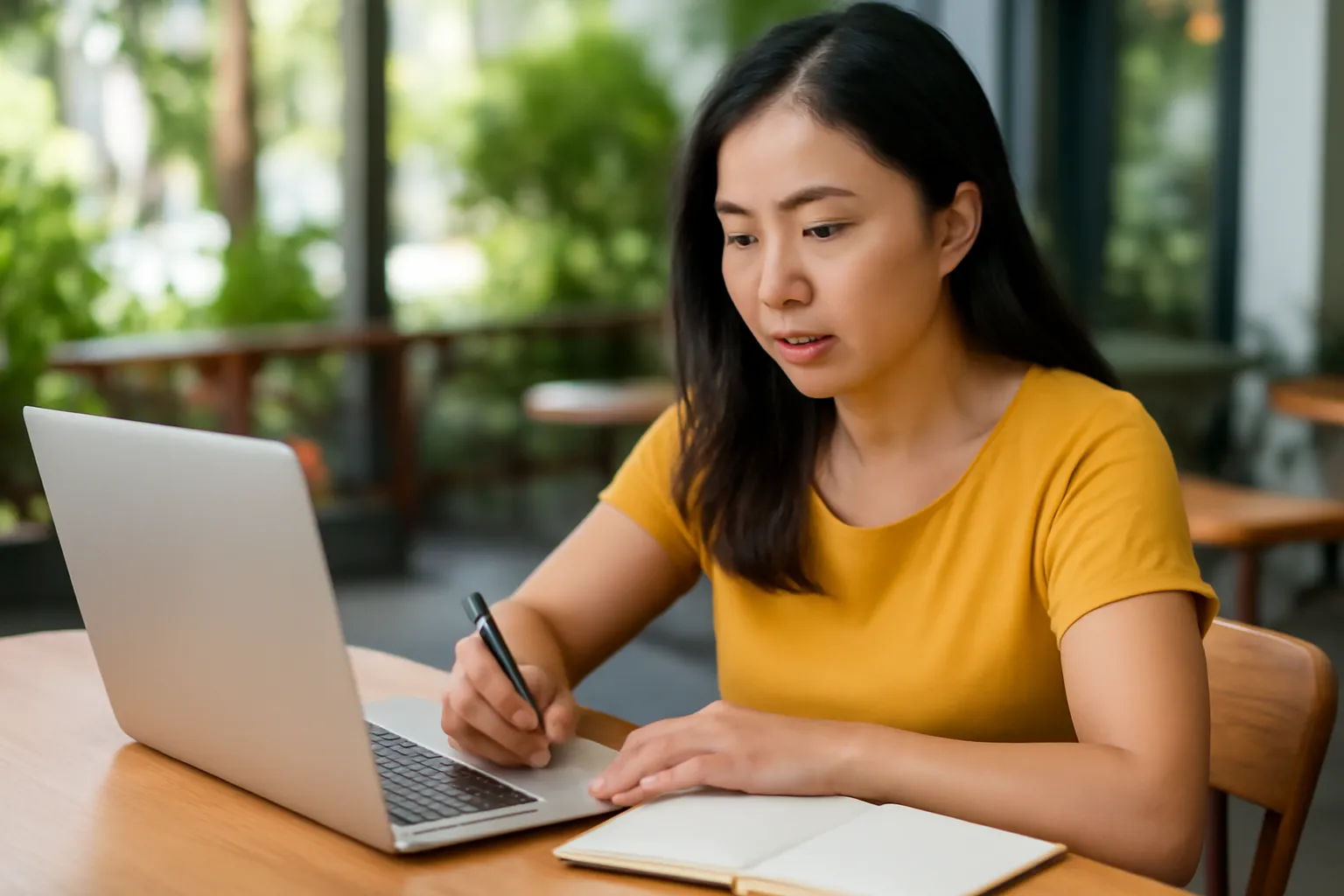 Người phụ nữ ngồi bên máy tính xách tay, ghi chép vào sổ tay