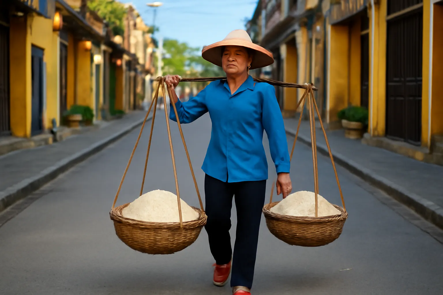 Người phụ nữ đội nón gánh hai thúng xôi đi dọc con phố cũ buổi sáng sớm