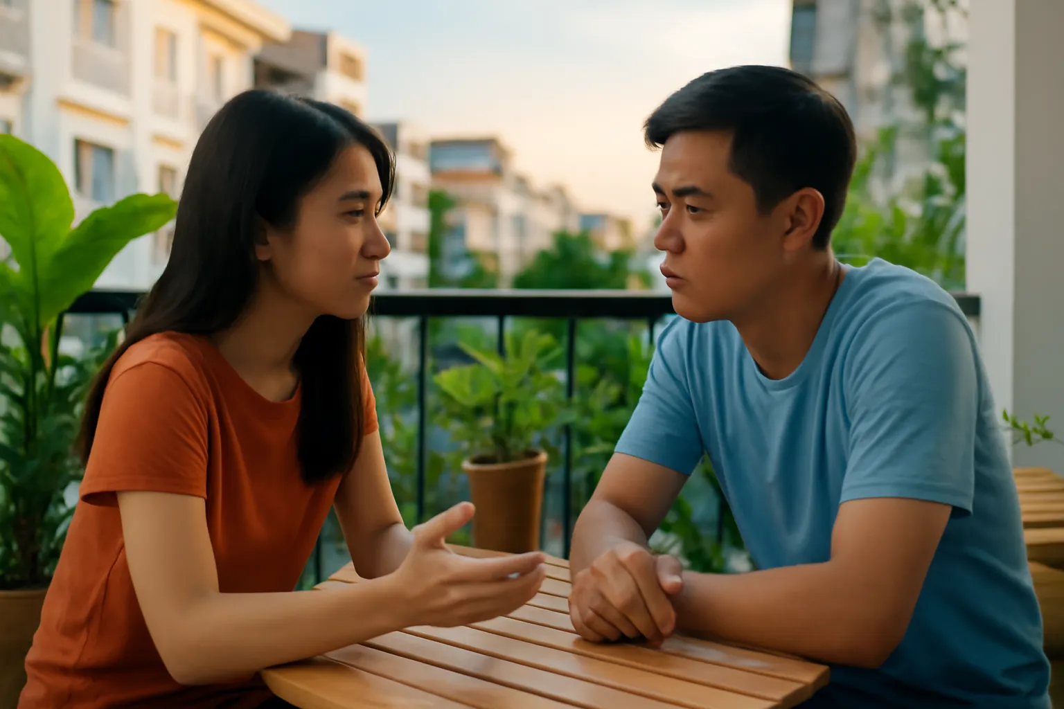 Đôi vợ chồng trẻ ngồi ban công, nói chuyện nhẹ nhàng lúc chiều tối