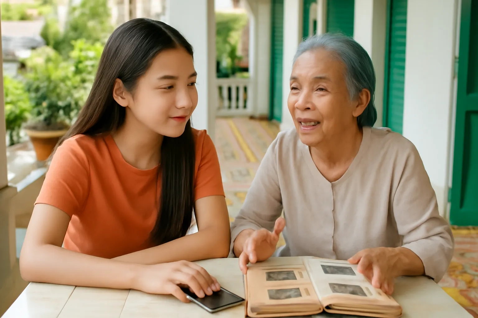 Cháu gái ghi âm bằng điện thoại khi bà nội ngồi kể chuyện ngoài hiên