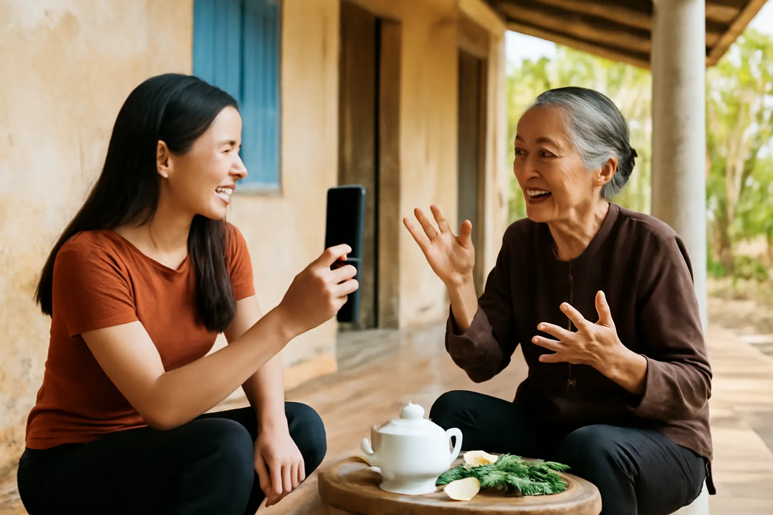 Cô cháu gái ghi âm bà nội kể chuyện ngoài hiên