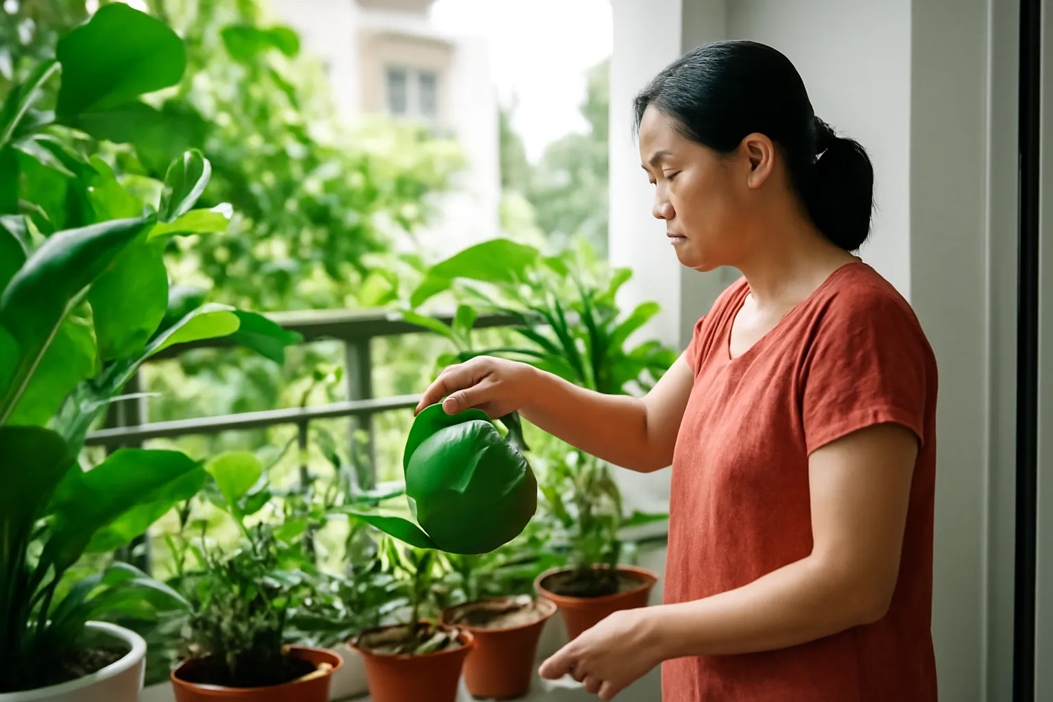 Người phụ nữ một mình tưới cây trên ban công nhỏ, vẻ mặt lặng lẽ