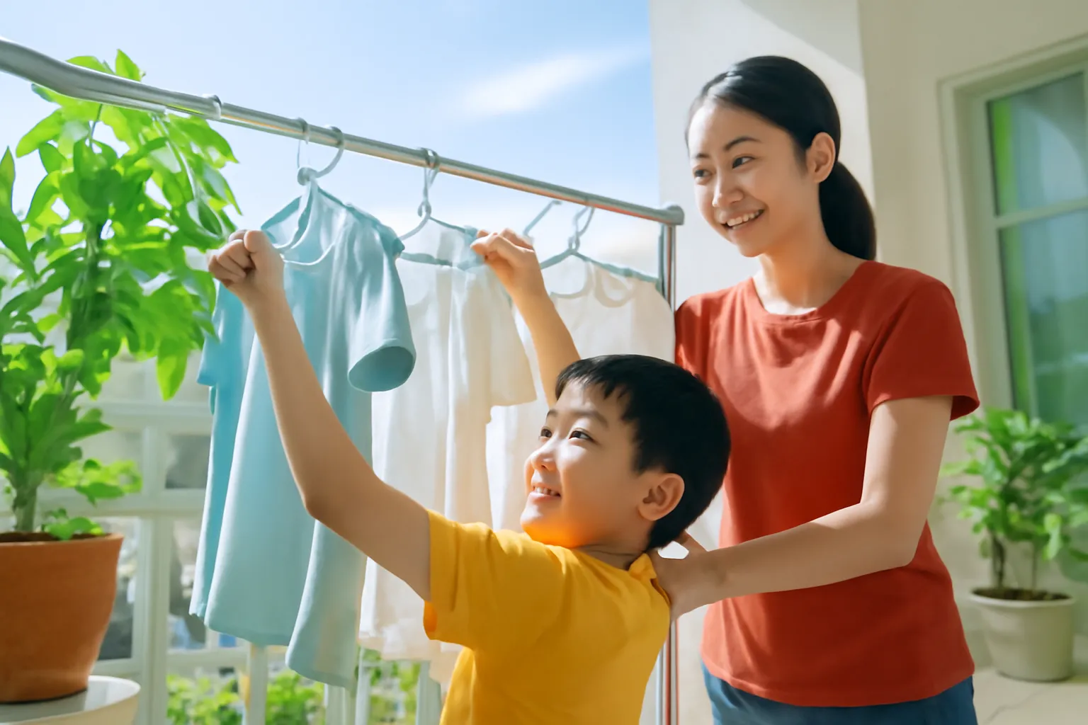 Cậu bé phơi quần áo trên giàn ngoài ban công cùng mẹ vào buổi sáng nắng