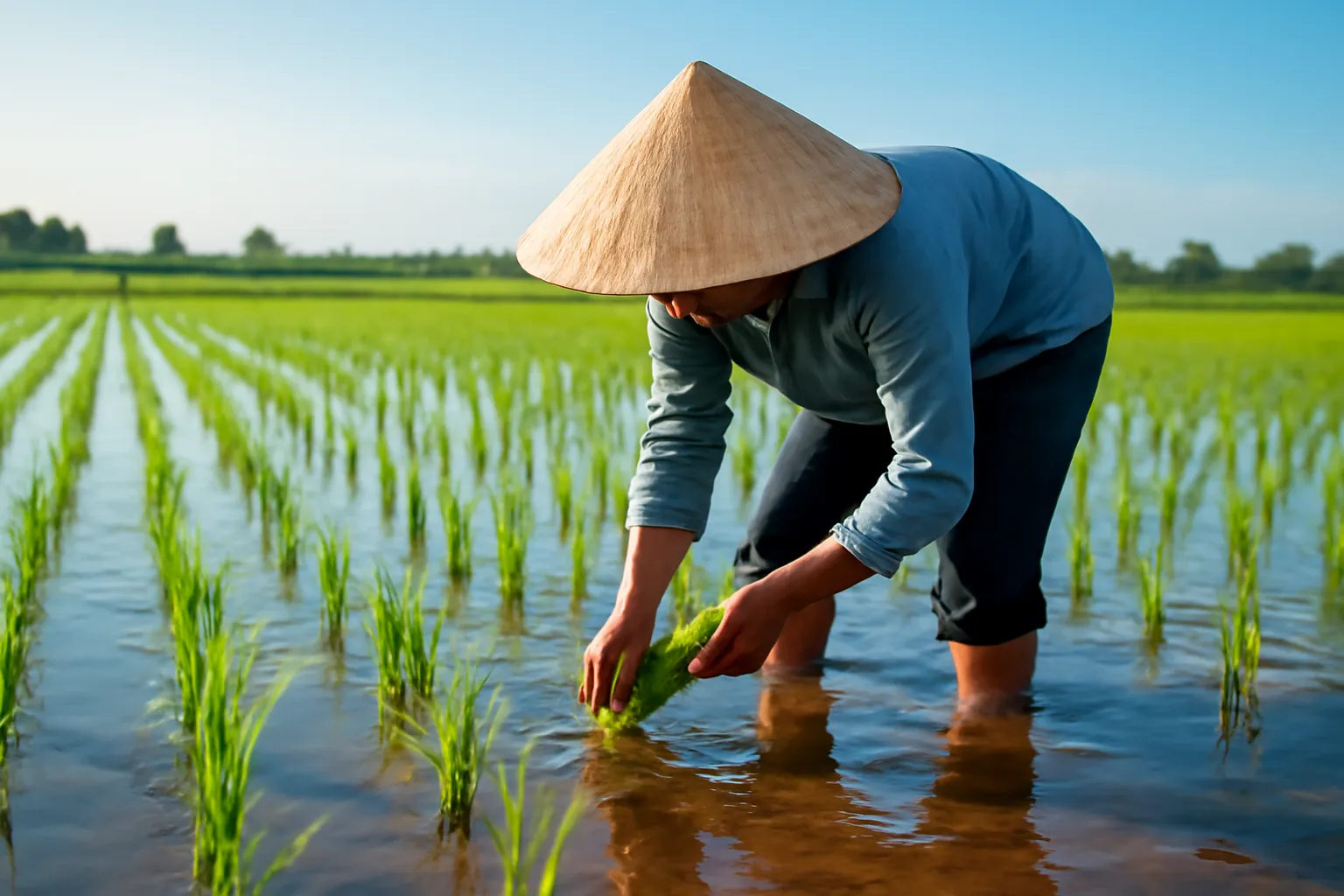 Người nông dân đội nón lá cấy những cây mạ non xuống ruộng nước buổi sáng