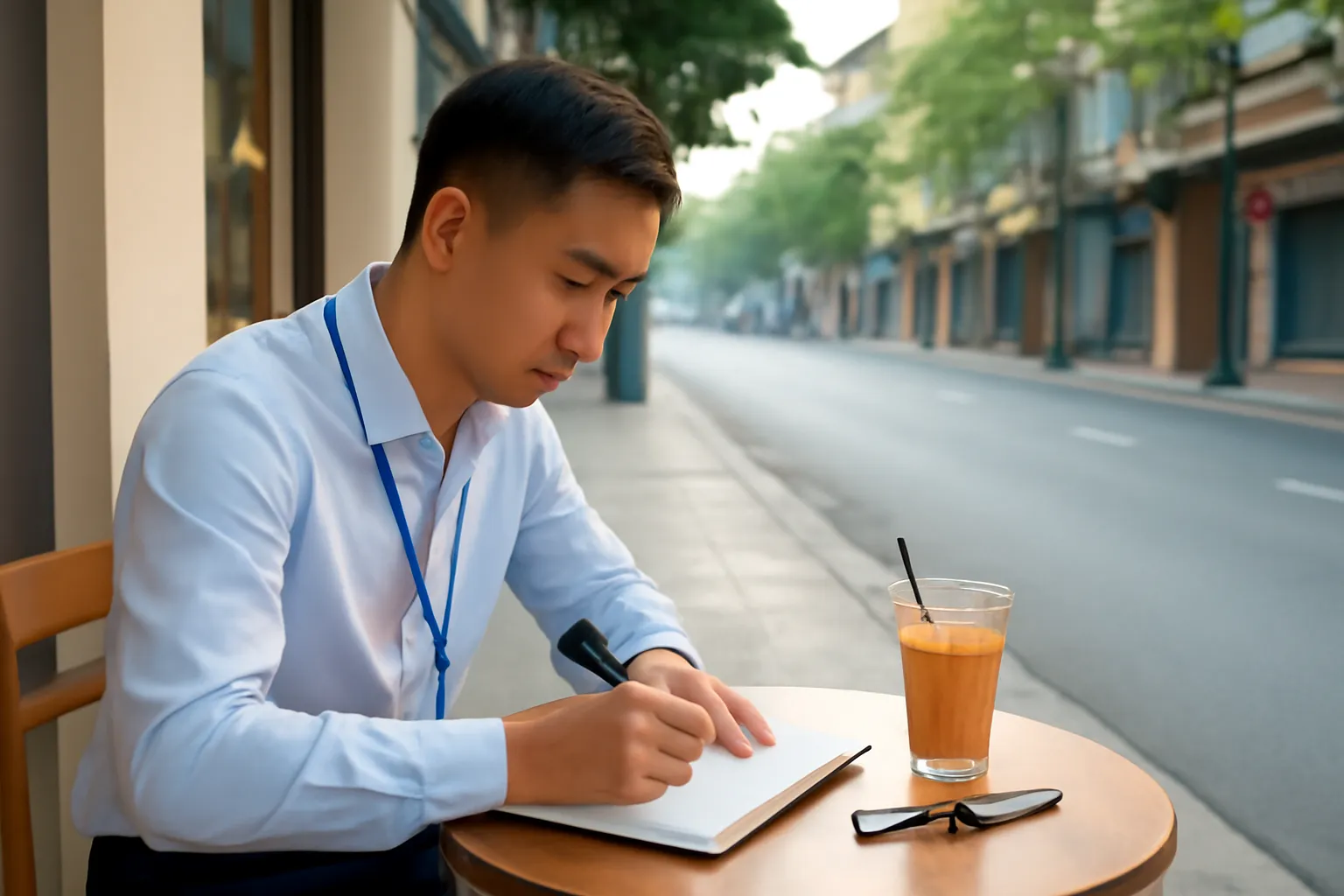 Nhân viên văn phòng viết sổ ở quán cà phê sáng sớm