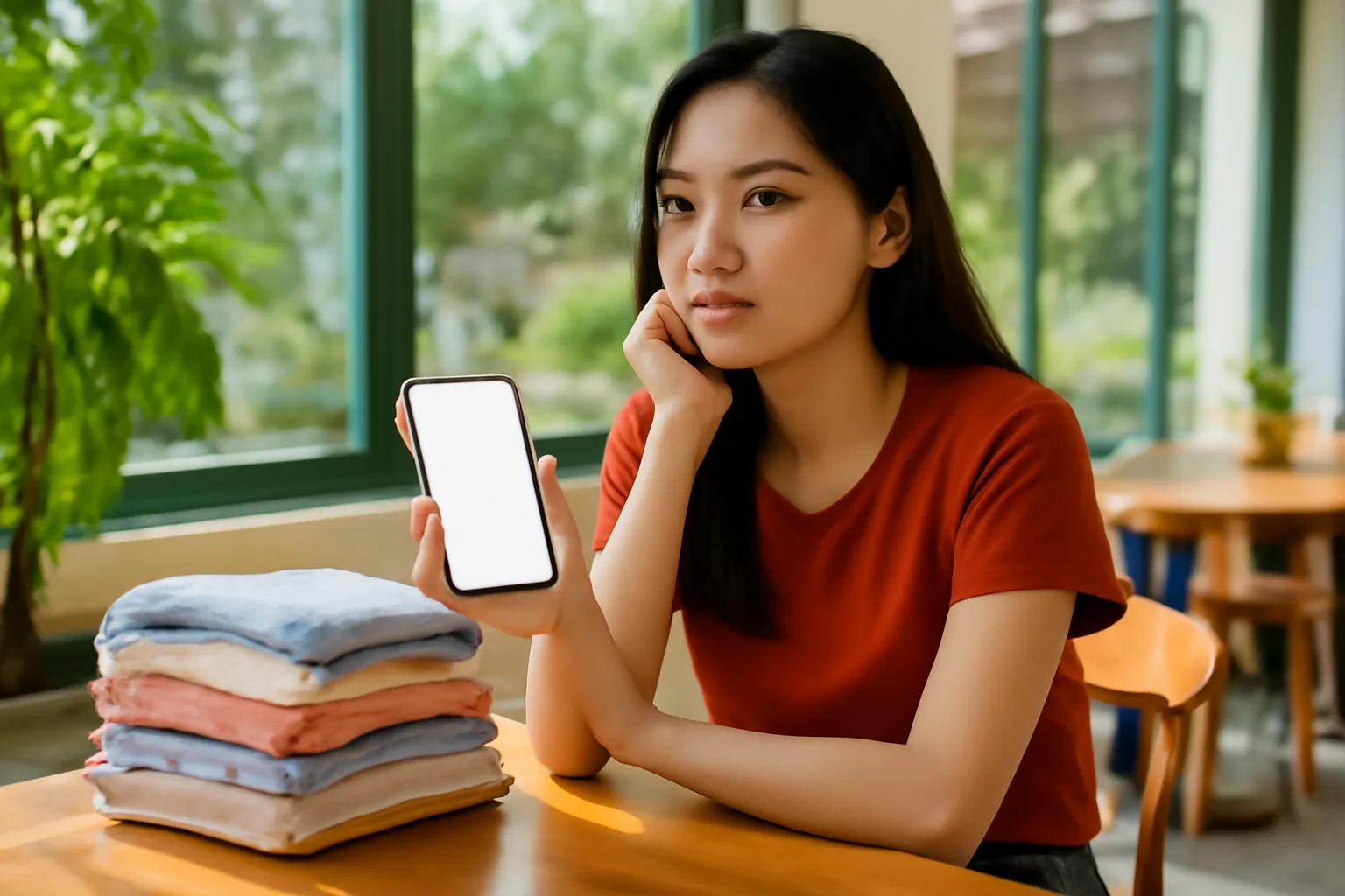 Người phụ nữ ngồi quán cà phê cầm điện thoại, màn hình để trống