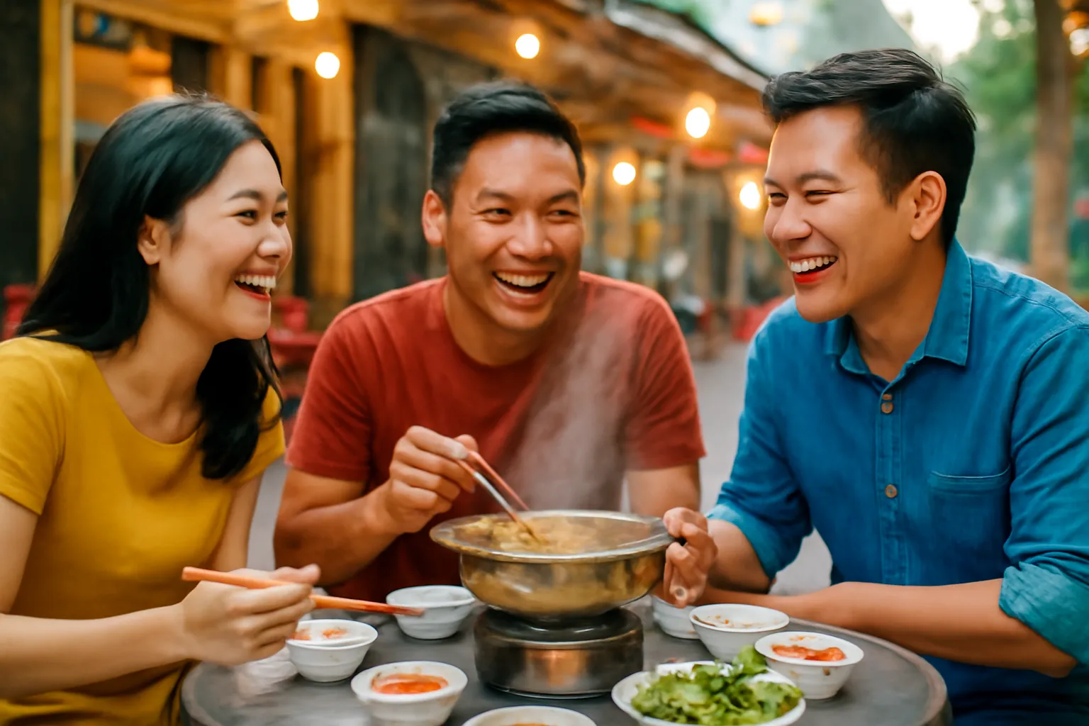 Ba người bạn ngoài ba mươi cười đùa quanh bàn lẩu nhỏ trong quán ăn bình dân