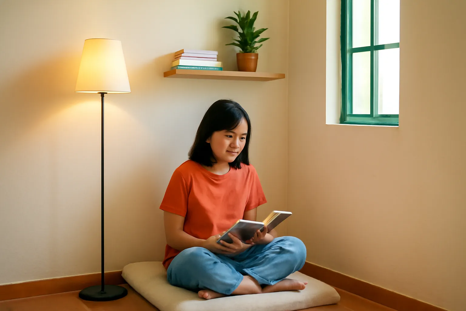 Góc phòng trọ nhỏ có đèn đứng, đệm ngồi và kệ sách treo tường