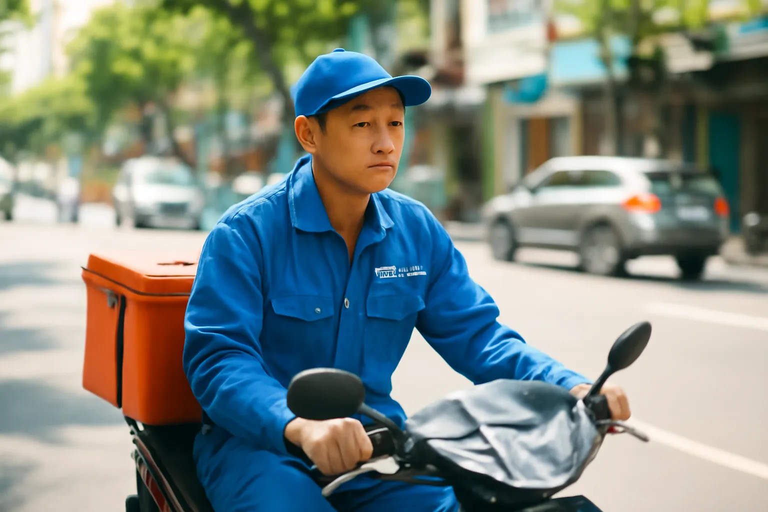 Người thợ điện lạnh chạy xe máy chở hộp đồ nghề trên phố