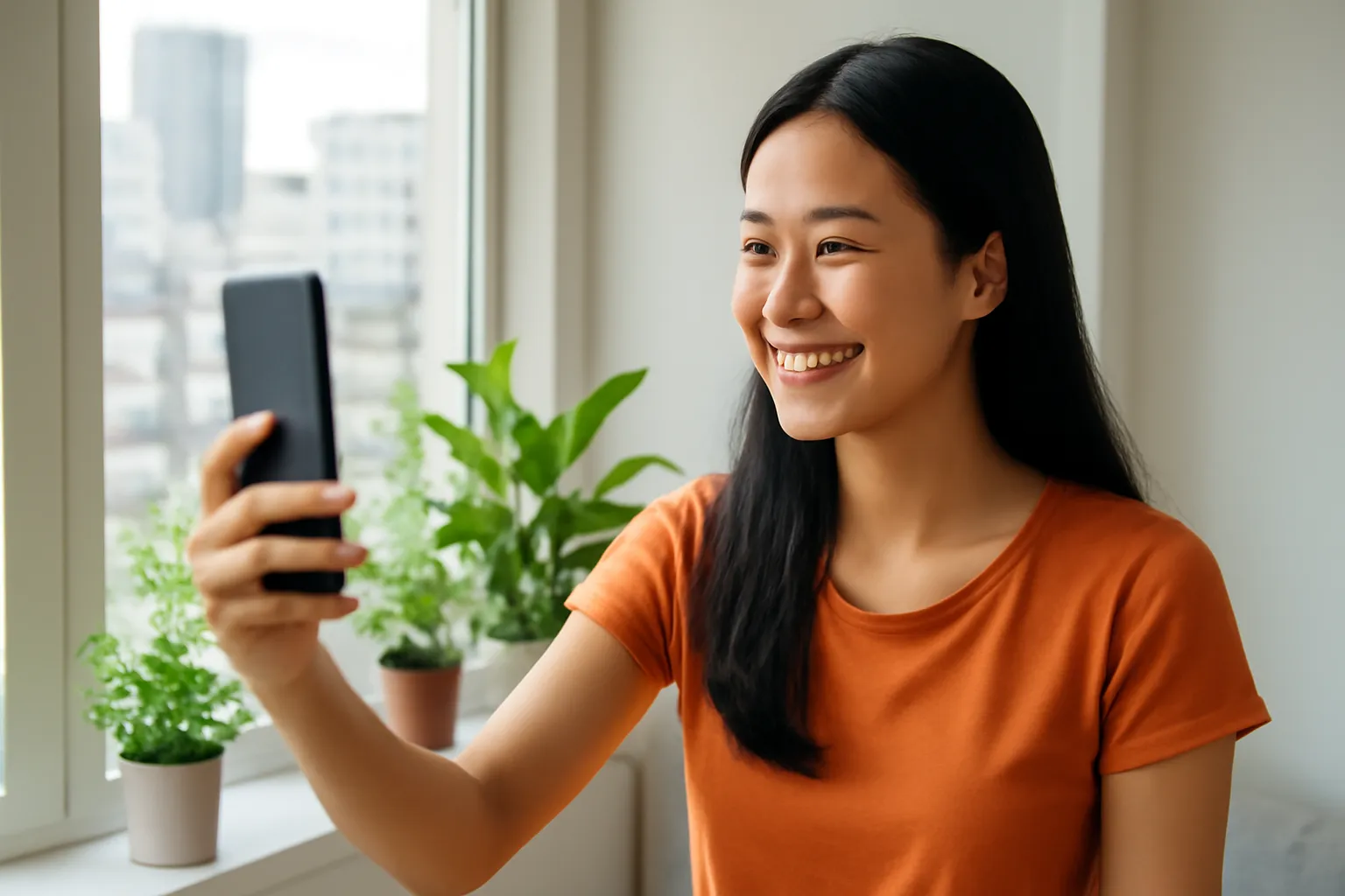 Cô gái gọi video cho bố mẹ già đang ngồi ở hiên nhà quê