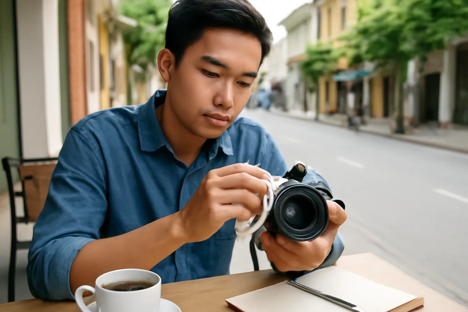 Anh thợ ảnh trẻ ngồi lau ống kính máy ảnh ở hiên quán cà phê