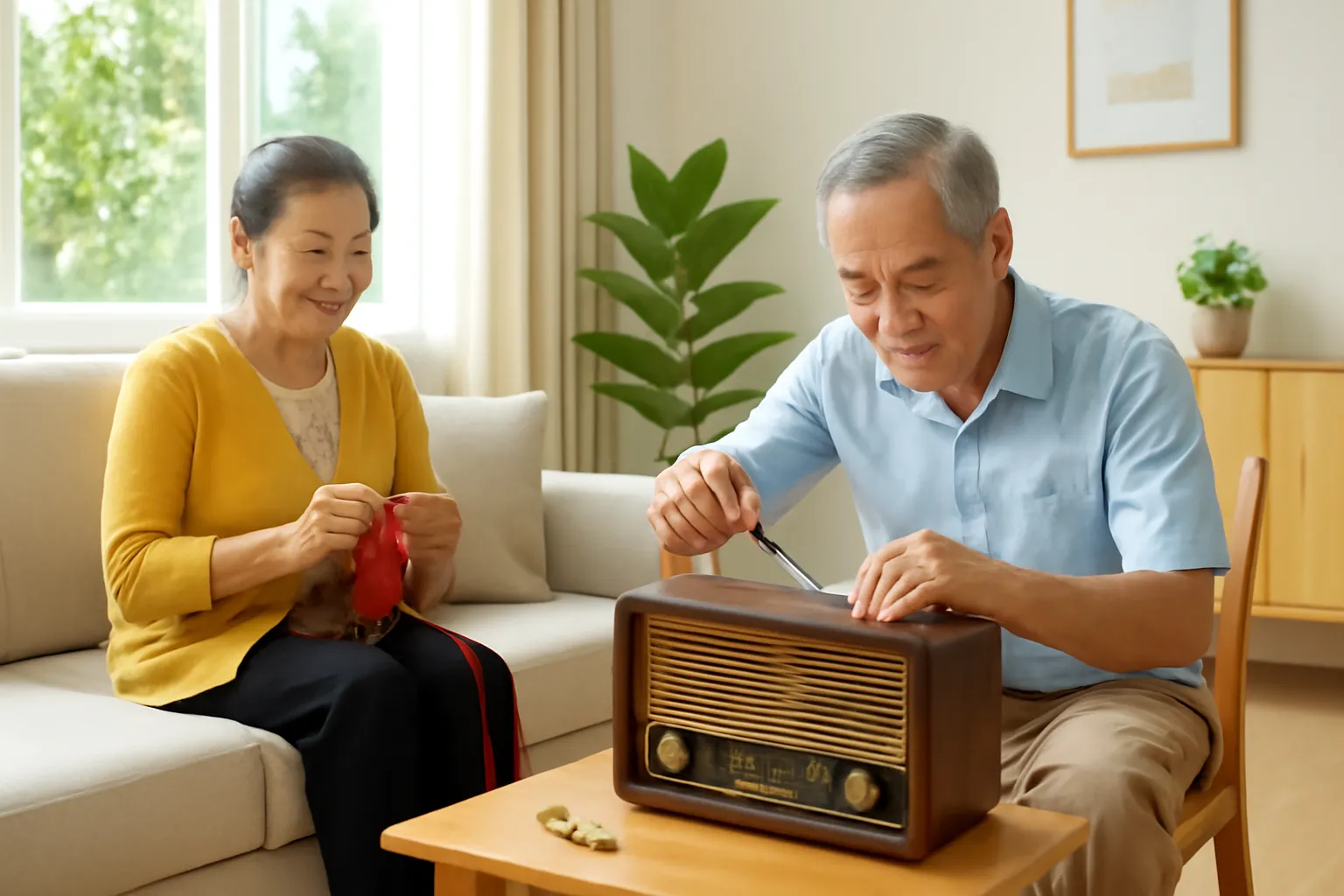Ông bà về hưu mỗi người một việc trong phòng khách, ông sửa radio, bà đan len