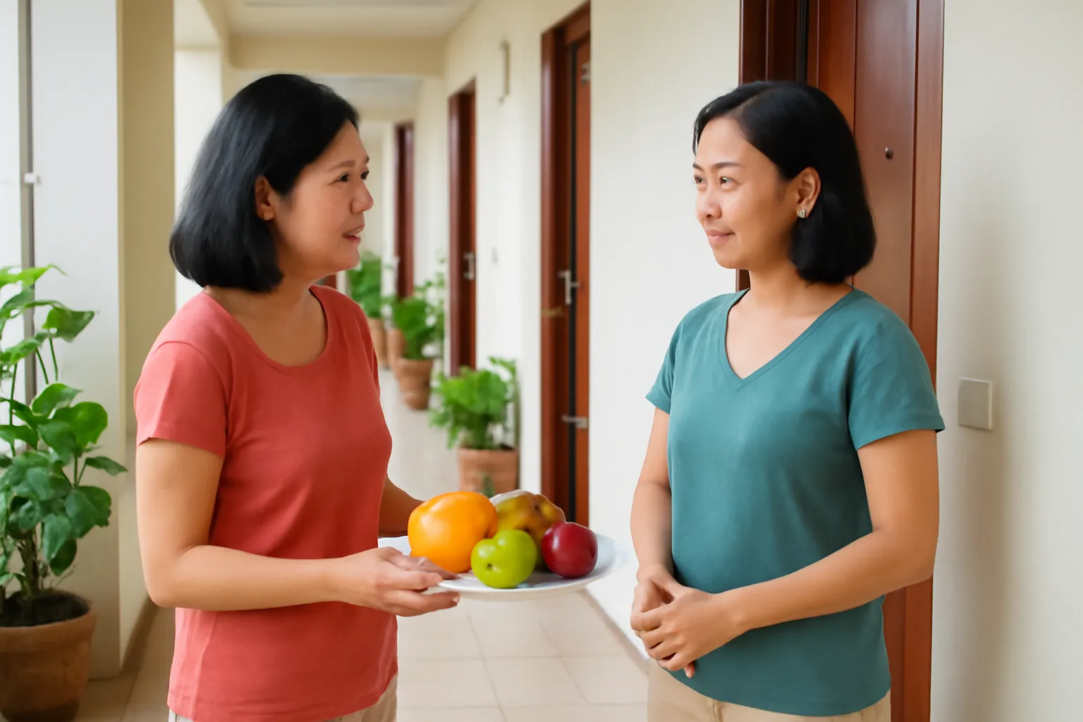 Hai người hàng xóm trò chuyện vui vẻ ở hành lang chung cư, một người cầm đĩa trái cây