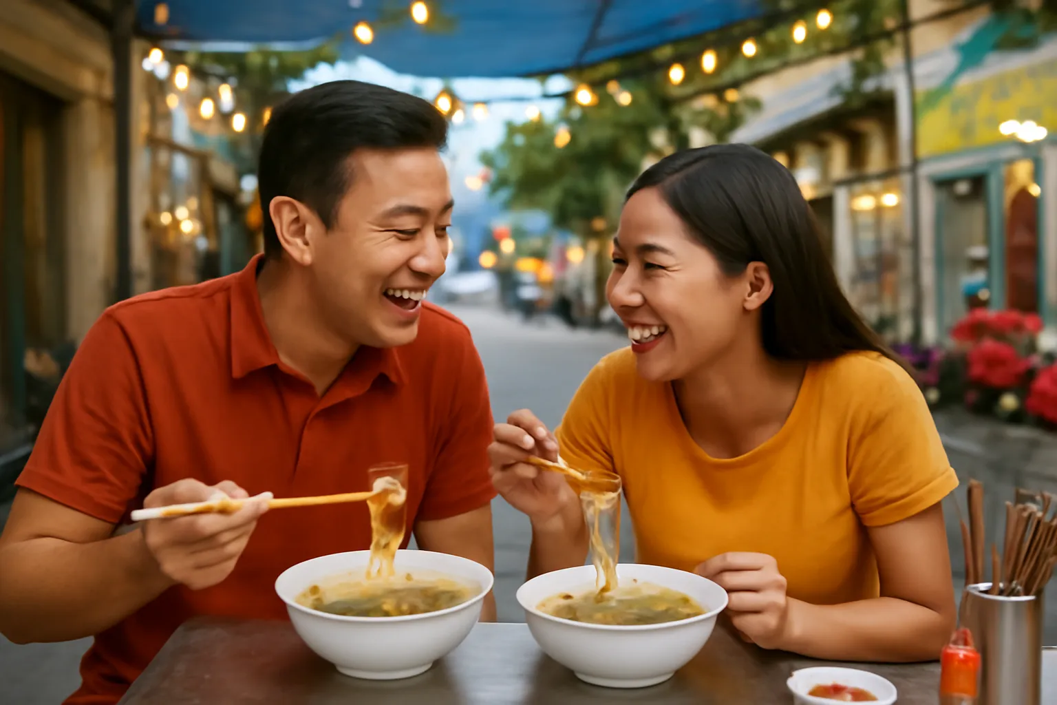 Đôi vợ chồng trẻ ngồi ăn bát phở nóng ở quán vỉa hè buổi tối, cười với nhau